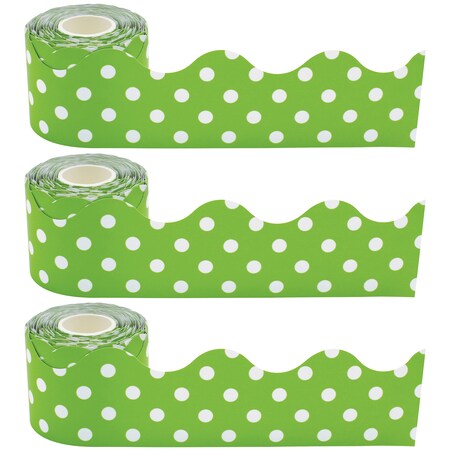 Teacher Created Resources Lime Polka Dots Scalloped Rolled Border Trim, 50 Feet Per Roll, PK3 TCR8945